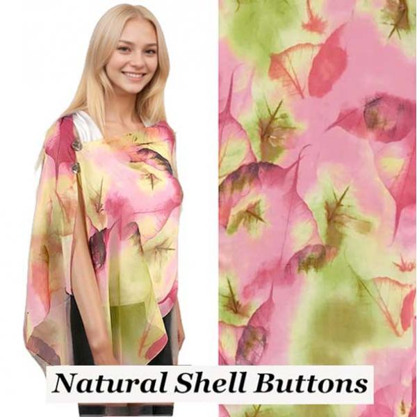 Wholesale 2451/T - Silky Two Button Shawl  A/041 <br>
Pink/Green Leaves<br> 
Shell Buttons - 