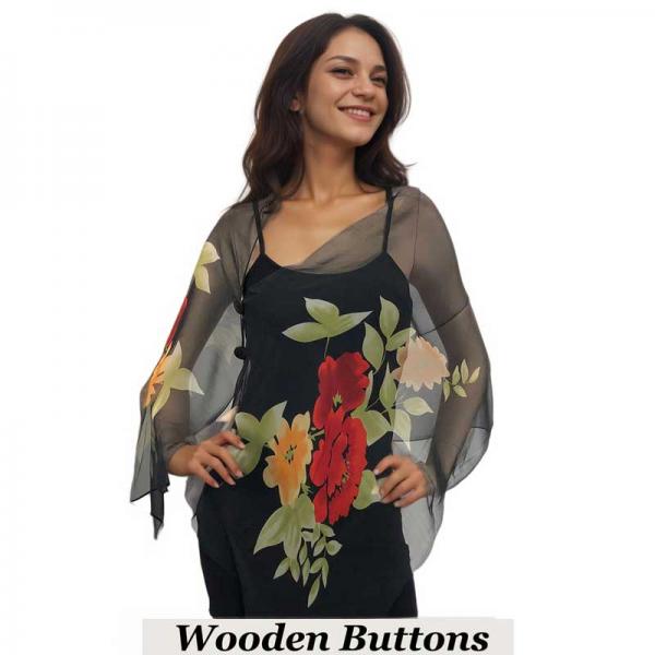 Wholesale 2451/T - Silky Two Button Shawl  SBW-FL201<br> 
Black Flower 2 <br>
Black Wooden Buttons - 