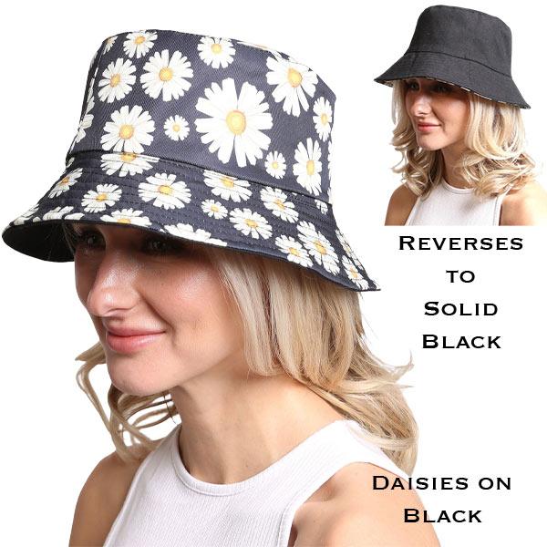 2489 - Summer Hats 291 - Daisies Black<br>
Reversible Bucket Hat - One Size Fits Most