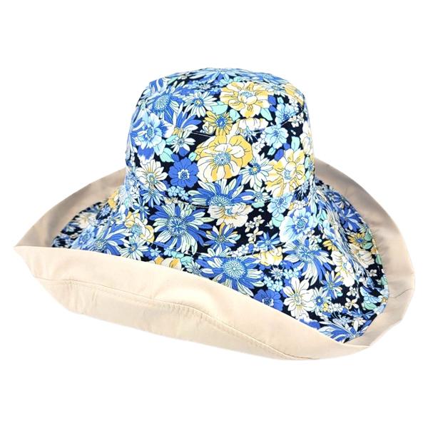 2489 - Summer Hats 1056 - Blue Floral/Natural<br> 
Reversible Bucket Hat
 - 