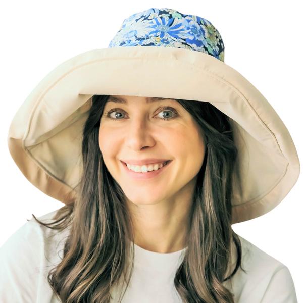2489 - Summer Hats 1056 - Blue Floral/Natural<br> 
Reversible Bucket Hat
 - One Size Fits Most