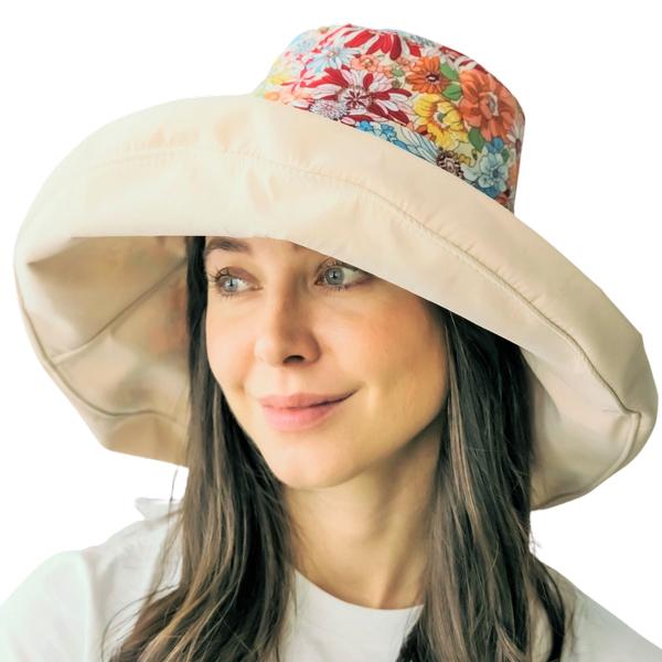 wholesale 2489 - Summer Hats 1056 - Coral Floral/Natural<br> 
Reversible Bucket Hat
 - One Size Fits Most