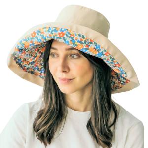 2489 - Summer Hats 1057 - Blue Floral/Natural<br> 
Reversible Bucket Hat
 - One Size Fits Most