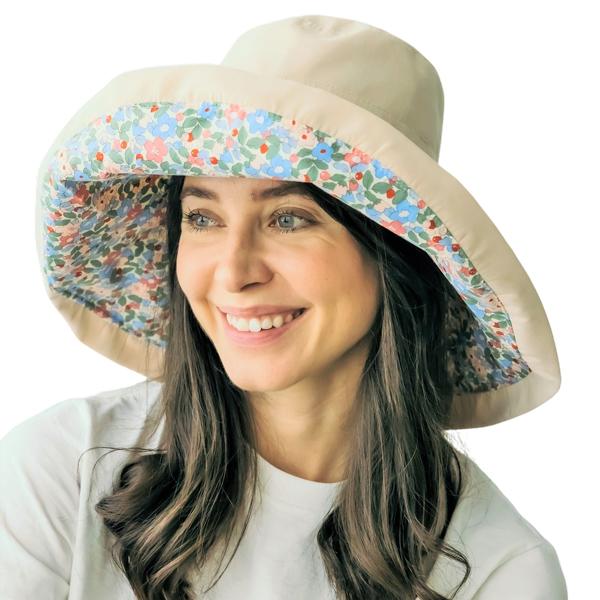 wholesale 2489 - Summer Hats 1057 - Pink Floral/Natural<br> 
Reversible Bucket Hat
 - One Size Fits Most