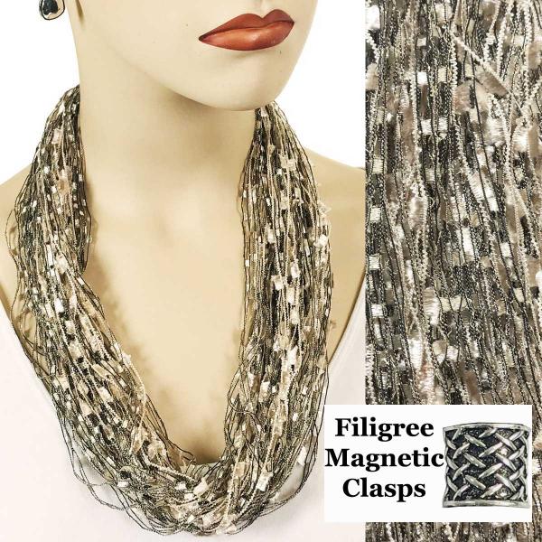 2503 - Magnetic Confetti Thread Necklace Champagne-Black w/ Filigree Magnet - 