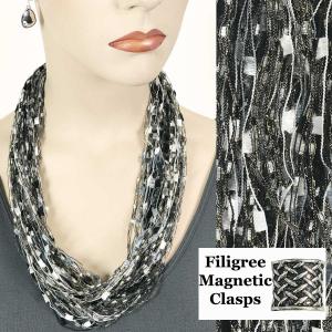 2503 - Magnetic Confetti Thread Necklace Black-Silver w/ Filigree Magnet - 
