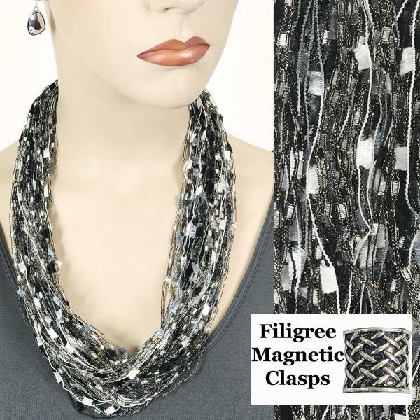 Wholesale 2503 - Magnetic Confetti Thread Necklace Black-Silver w/ Filigree Magnet - 