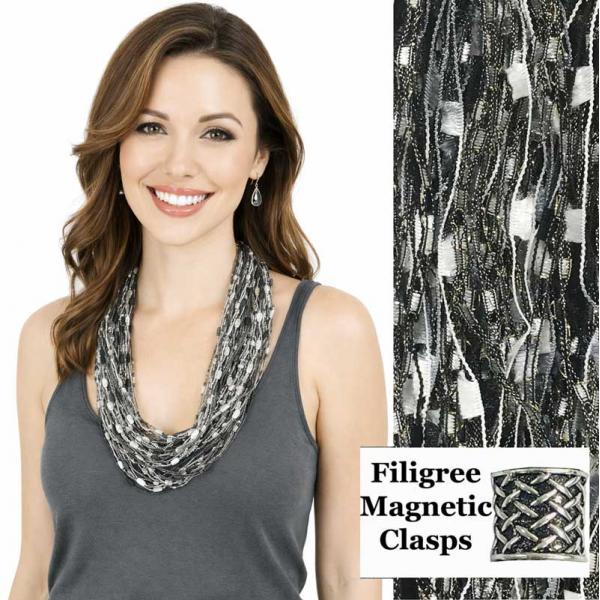 wholesale 2503 - Magnetic Confetti Thread Necklace Black-Silver w/ Filigree Magnet - 