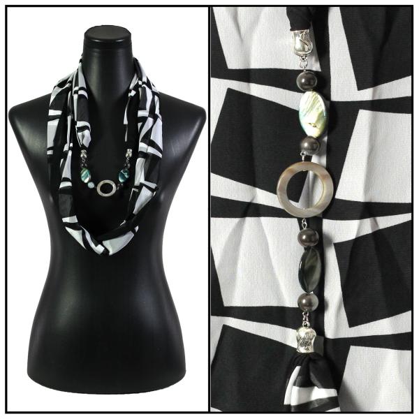 2508 - Jewelry Infinity Scarves 8079 - 022 Black-White Jewelry Infinity Silky Dress Scarves - 