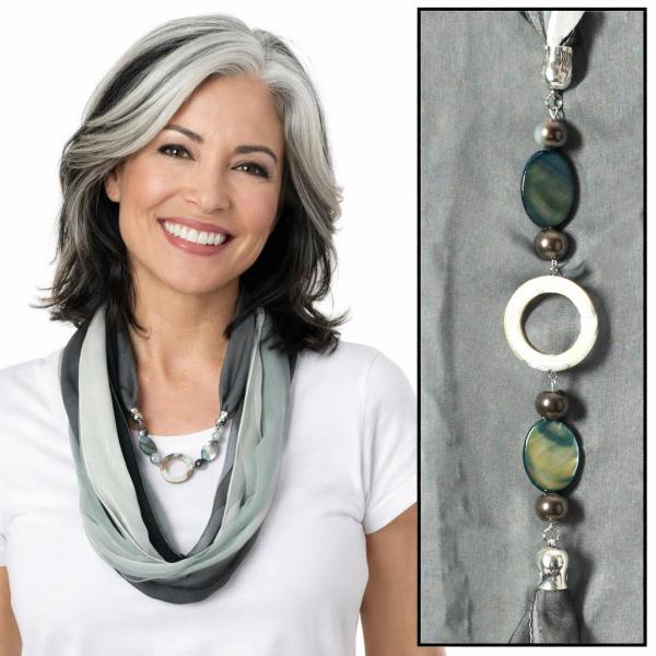 wholesale 2508 - Silky Jewelry Infinity Scarves 8079 - Tri-Color Black-Grey-White Jewelry Infinity Silky Dress Scarves (MB) - 