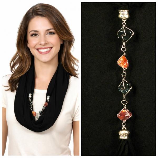 wholesale 2508 - Silky Jewelry Infinity Scarves 8074 - Solid Black Jewelry Infinity Silky Dress Scarves - 