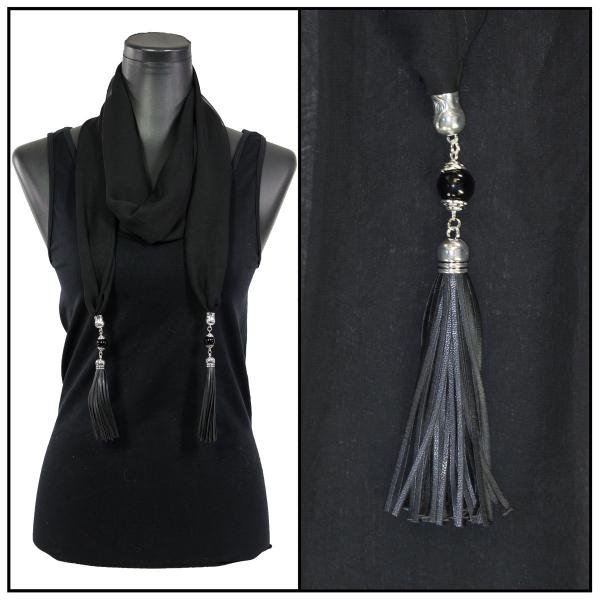 9001 - Tasseled Silky Dress Scarves Solid Black<br>
Leather Tassels - 