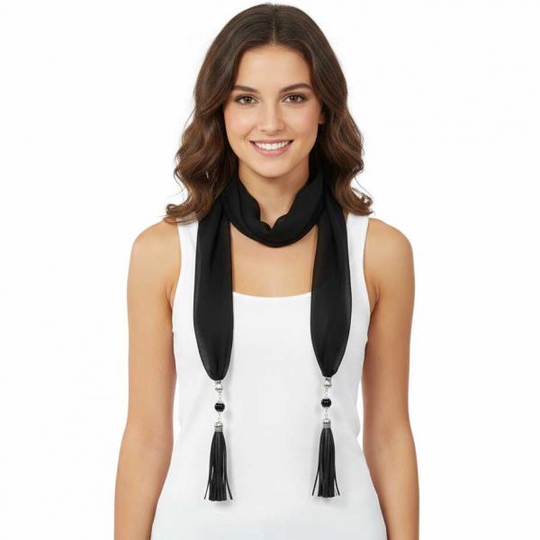 Wholesale 9001 - Tasseled Silky Dress Scarves Solid Black<br>
Leather Tassels - 