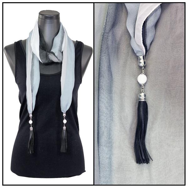 9001 - Tasseled Silky Dress Scarves Tri-Color - Black-Grey-White<br>
Leather Tassels - 