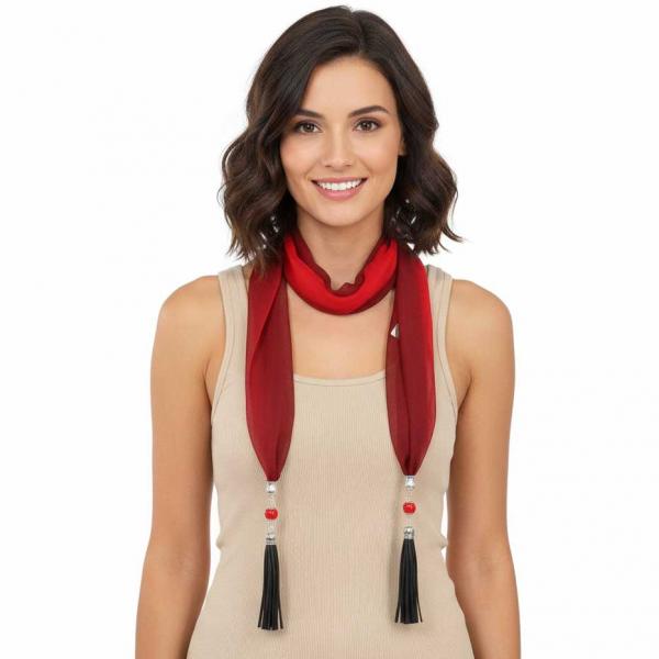 Wholesale 9001 - Tasseled Silky Dress Scarves Tri-Color - Black-Maroon-Red<br>
Leather Tassels - 