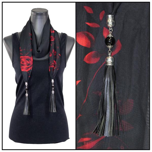 9001 - Leather Tassel Silky Dress Scarves Rose Floral - Black-Red - 