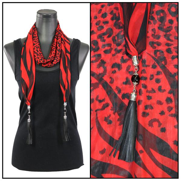 wholesale 9001 - Leather Tassel Silky Dress Scarves Zebra-Cheetah - Black-Red - 