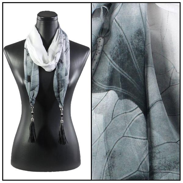 9001 - Tasseled Silky Dress Scarves Lotus - Grey-White<br>
Leather Tasssels - 