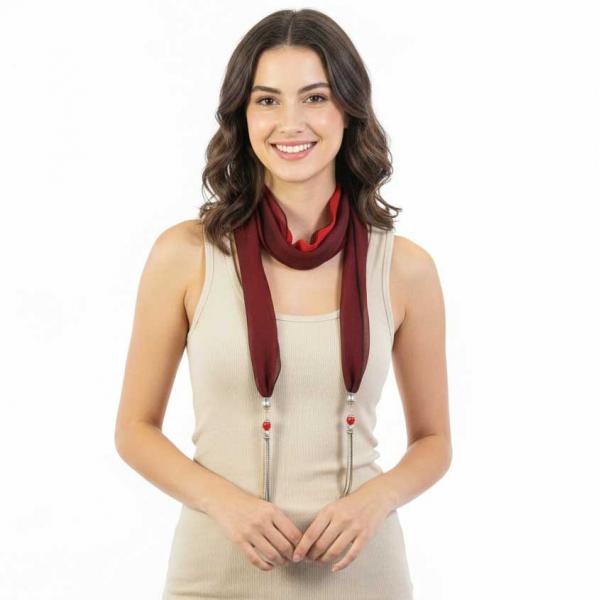 wholesale 9001 - Tasseled Silky Dress Scarves Tri-Color - Black-Maroon-Red<br>
Metal Tassels - 