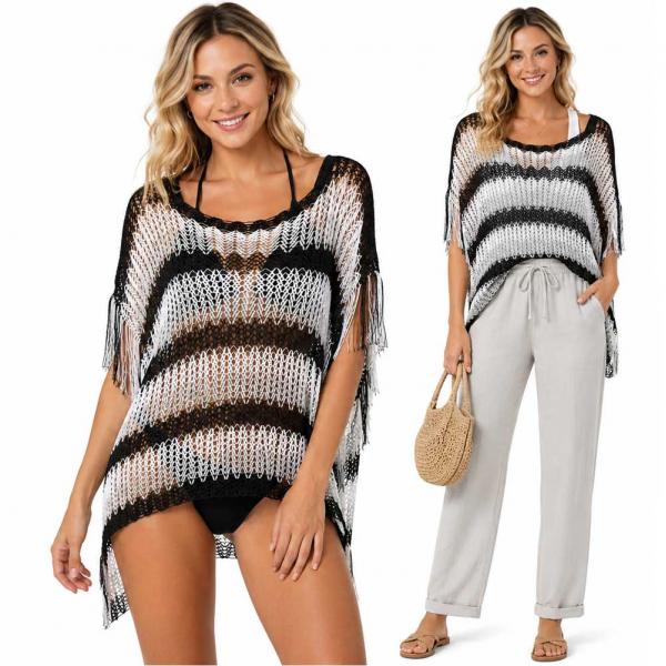 wholesale 2570 - Fishnet Poncho/Swim Suit Cover-ups Black-Grey-White Horizontal Stripe - 