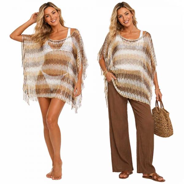 wholesale 2570 - Fishnet Poncho/Swim Suit Cover-ups Brown-Camel-Beige Horizontal Stripe - 