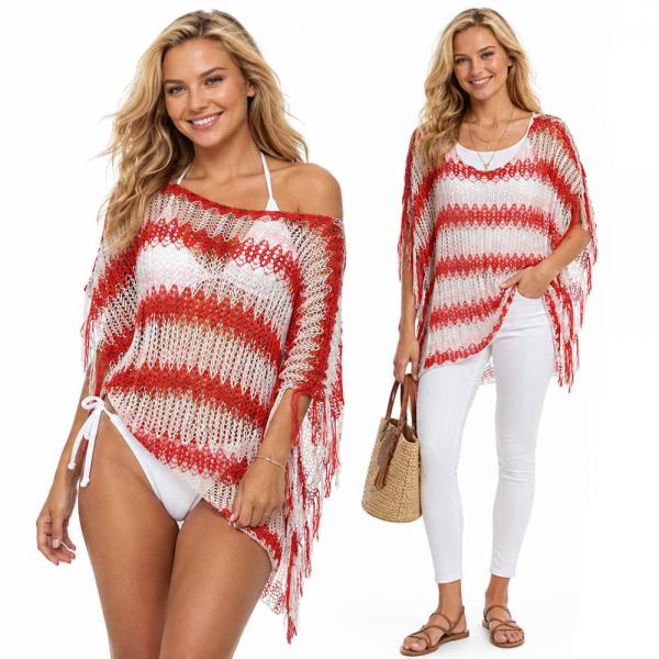 wholesale 2570 - Fishnet Poncho/Swim Suit Cover-ups Red-White Horizontal Stripe - 