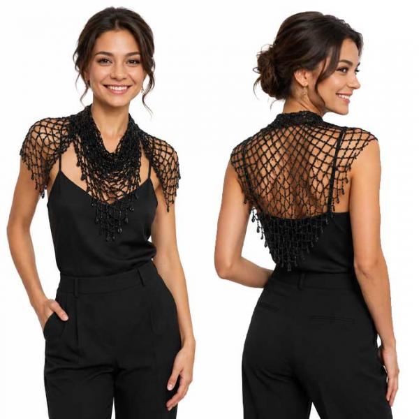 027 - Shanghai Beaded Triangle Black w/ Black Beads - 