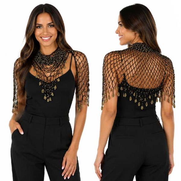 027 - Shanghai Beaded Triangle Black w/ Gold Beads - 