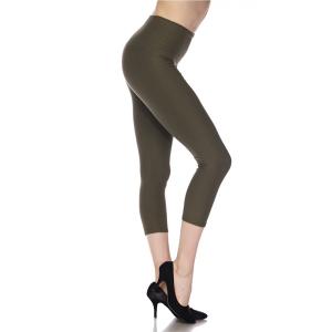 Wholesale 2706 - Brushed Fiber Solid Color Capri Leggings Solid Olive<br>Five Inch Waistband - One Size Fits Most