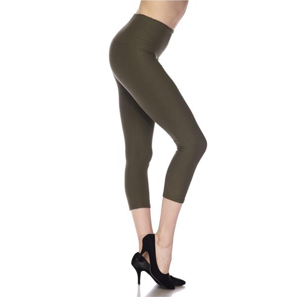 2706 - Brushed Fiber Solid Color Capri Leggings Solid Olive<br>Five Inch Waistband - One Size Fits Most