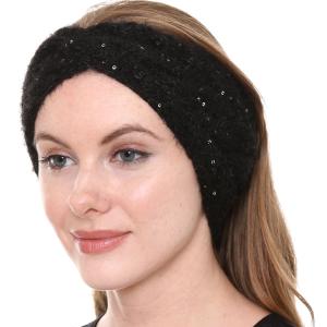 2832 - Knitted Head Wraps 017  BLACK Sequined Knitted Headwrap - 