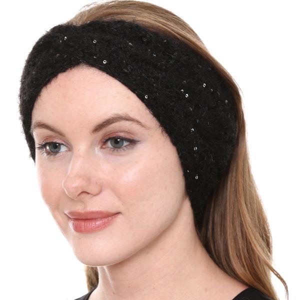 wholesale 2832 - Knitted Head Wraps 017  BLACK Sequined Knitted Headwrap - 
