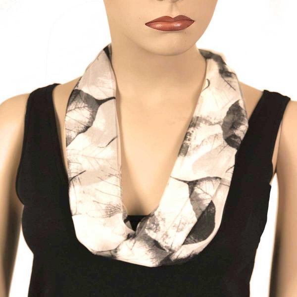 2901 - Magnetic Clasp Silky Dress Scarves 129BK<br>White-Black Leaves<br>Silver Magnet<br>Magnetic Clasp Scarf - 