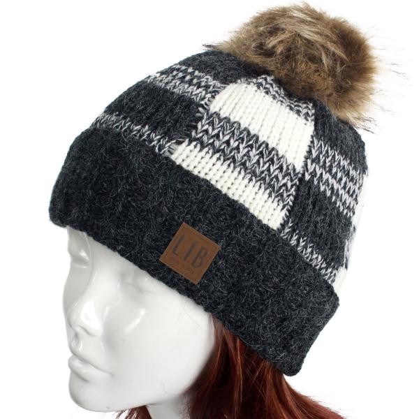 wholesale 8712 - Buffalo Check Knit Hats  Black/White Buffalo Check Pattern Knit Hat - 