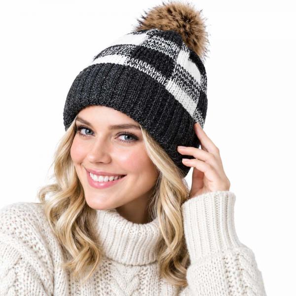 wholesale 8712 - Buffalo Check Knit Hats  Black/White - One Size Fits Most