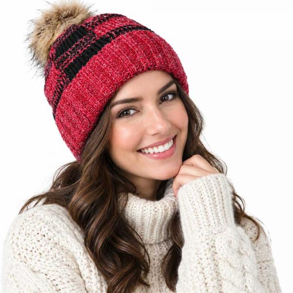 wholesale 8712 - Buffalo Check Knit Hats  Red/Black - One Size Fits Most