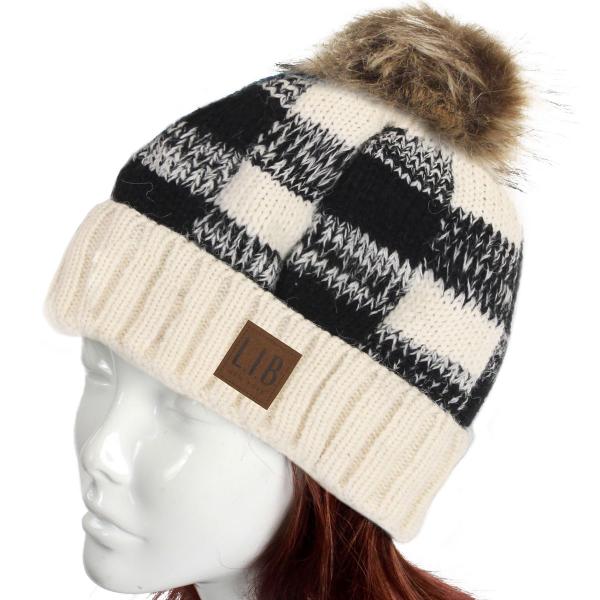 wholesale 8712 - Buffalo Check Knit Hats  White/Black Buffalo Check Pattern Knit Hat - 