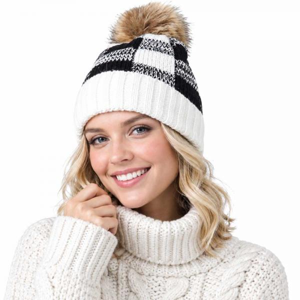 wholesale 8712 - Buffalo Check Knit Hats  White/Black - One Size Fits Most