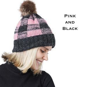 Wholesale  8712 - Pink/Black<br> 
Buffalo Check Knit Hat - 