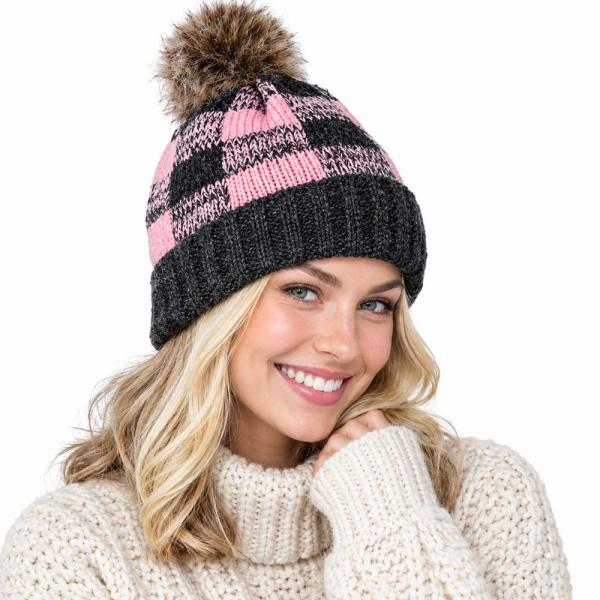 wholesale 8712 - Buffalo Check Knit Hats  Pink/Black - One Size Fits Most