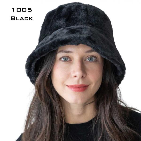 wholesale 2999 - Fall and Winter Brimmed Hats and Caps 1005 BLACK PLUSH FAUX FUR Bucket Hat - 