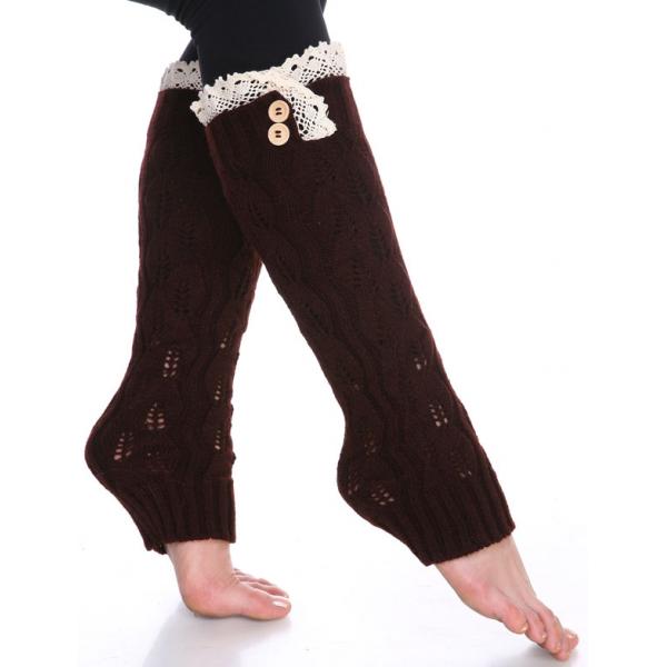 wholesale 6455 Leg Warmers Leaf with Button & Lace 264x105 - Dark Brown - 