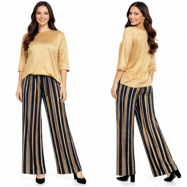 wholesale 902T/T - Pleated Twill Pants  PLUS #07 Striped Black-Gold-White - Plus Size (XL-2X)