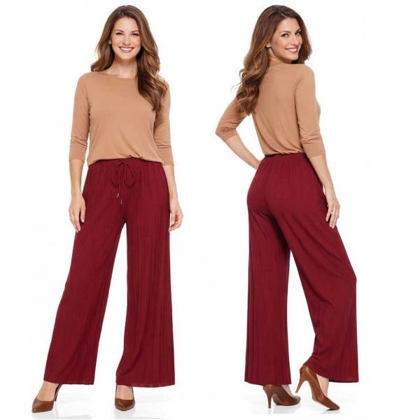 wholesale 902T/T - Pleated Twill Pants  Burgundy Curvy<br>
Stretch Twill Pleated Wide Leg Pants - One Size Fits L-XL
