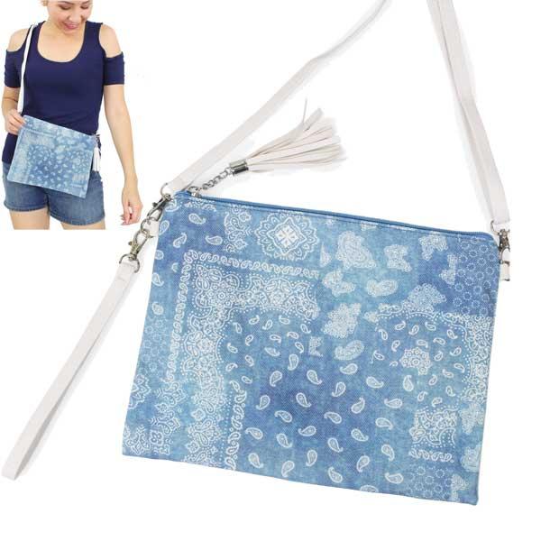 wholesale 3057  - Crossbody Bags and Wristlets 10270 - Blue <br> 
Bandana Print Cross Body Clutch - 