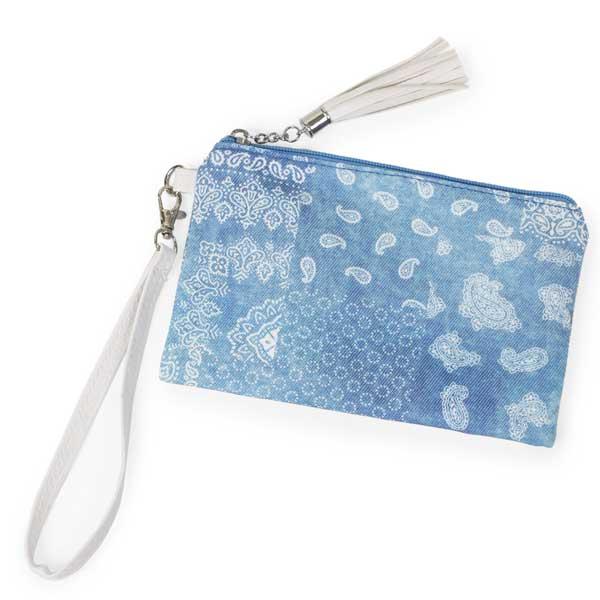 wholesale 3057  - Crossbody Bags and Wristlets 10270 - Blue Bandana Print<br> 
Tie Dye Denim Wristlet Wallet - 