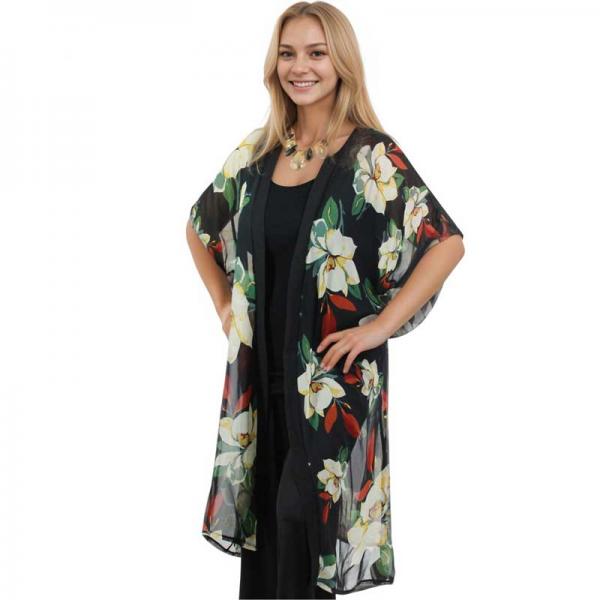 wholesale 9265 - Flower Print Chiffon Kimono Black - 