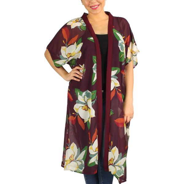 9265 - Flower Print Chiffon Kimono Burgundy - 