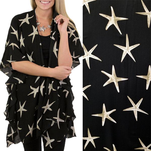 Wholesale 3095 - Ruffled Crepe Kimonos  Starfish Print 1257 - Black - 
