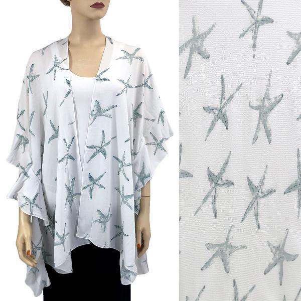 wholesale 3095 - Ruffled Crepe Kimonos  Starfish Print 1257 - White - 